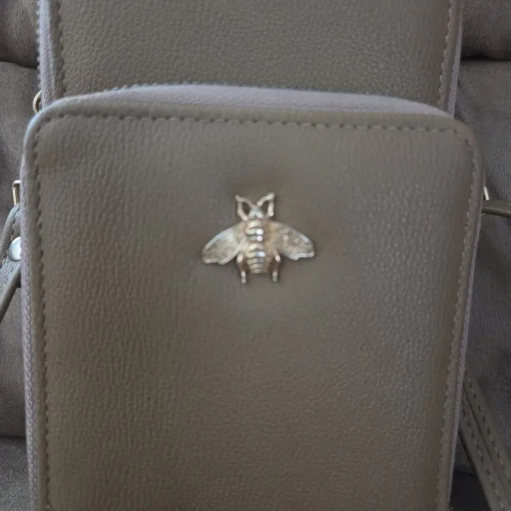 Tan Women’s Crossbody Bag Double Zip Gold Hardware Bee Emblem Detach Strap